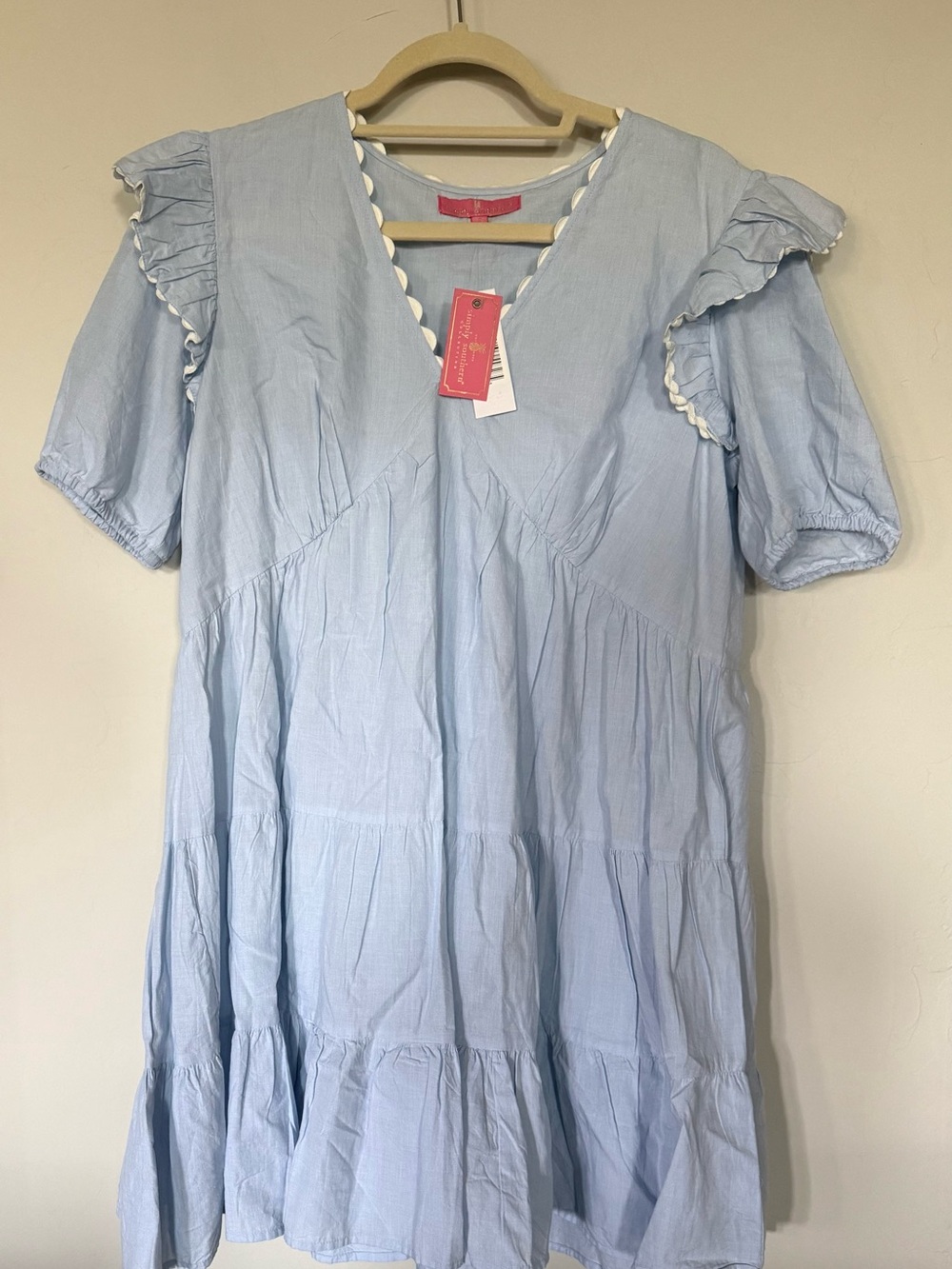 Simply Southern Light Blue Ruffle Sleeve V-Neck Tiered Dress Size Small